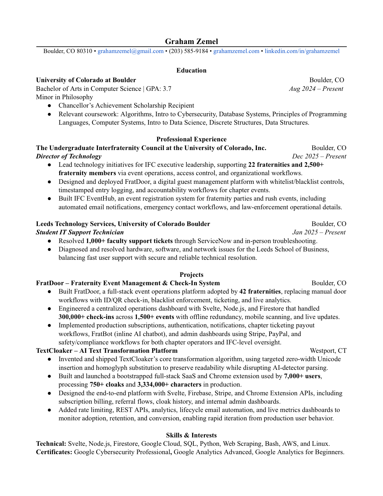 Graham Zemel resume — first page preview